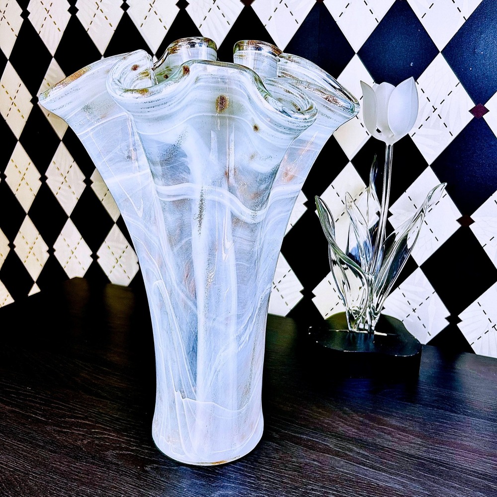 White Opaline Art Glass Vase 15" Ruffled Aventurine Statement - Picture 14 of 17